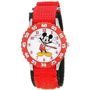 Disney Kids' W001573 ""Time Teacher"" Mickey Mouse Stainless Steel Watch with Red Nylon Strap