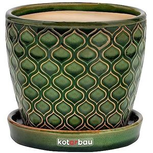 Kotarbau Bloempot, sierpot, keramisch, vintage, diameter 15 cm, met lekbak, visschubbenpatroon, groen