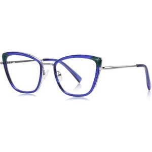moomoobird Cat Eye Bril Vrouwen Mode Bril Frame Blauw Licht Blokkerende Bril TR90 Metalen Bril, Blauw Zilver Frame, Large