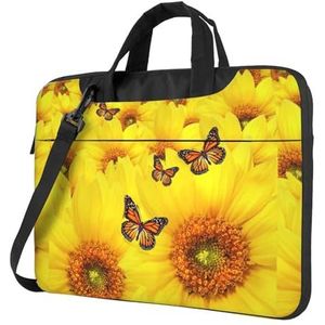 CXPDD Laptoptas met gele bloemen en vlinders print veelzijdige laptoptas voor heren en dames - laptopschoudertas, Zwart, 14 inch