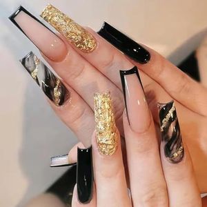 Coffin False Nails Marble Long Fake Nails Gold Foil Press on Nails Ballerina Acrylic Stick on Nails 24pcs for Women and Girls, with solid glue, nail lamp(Black,26 Piece Set)