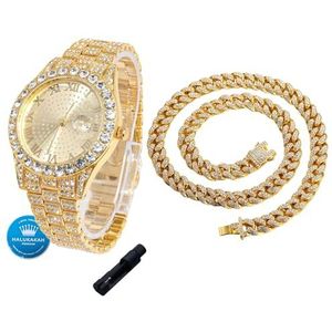 Halukakah Iced Out Horloge voor jongens, 18K echt goud/platina geplatineerd, 42 mm ronde wijzerplaat, Japans kwartsuurwerk, 20 cm, optioneel met Cubaanse schakelketting, met aanpassingsgereedschap, 18