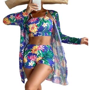 oenyaeu 3-delige badpakken voor vrouwen zomer strand bloemenprint halter bikini set met kimono cover up, Paars, XL