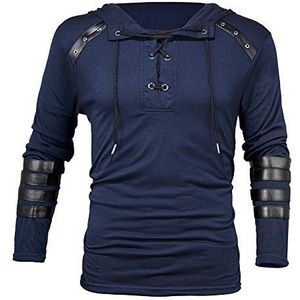 PRJN Mannen Gothic Steampunk Vetersluiting Hoodie Lange Mouwen Stikken Lederen Sweatshirt Pullover Zwart Mannen Tops Casual Lange Mouwen Shirts Patchwork Hoodie Kunstleer Stof Sweatshirts, D-marineblauw, M