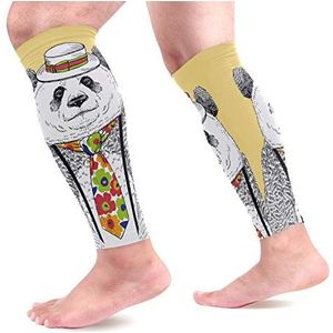 EZIOLY Fashion Panda in Tie Straw Boater Sport Kalf Compressie Mouwen Been Compressie Sokken Kuitbescherming voor Hardlopen, Fietsen, Moederschap, Reizen, Verpleegkundigen