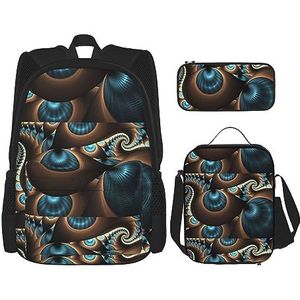 Abstract Blauw Bruin Grote Capaciteit Rugzak Lunch Tas Pen Pouch 3 Stuk Set voor Kantoor Reizen Camping Unisex, Zwart, Eén maat