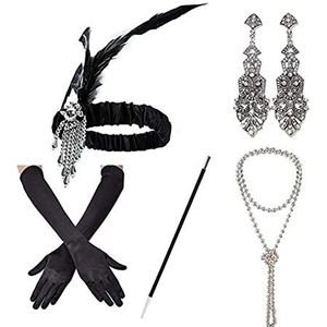 Veer Hoofdband 1920s partij flapper meisje veer hoofdband parel ketting oorbellen sigarettenhouder handschoenen Gatsby-accessoires Carnaval Veer Hoofdband (Color : SET 2, Size : Taille unique)