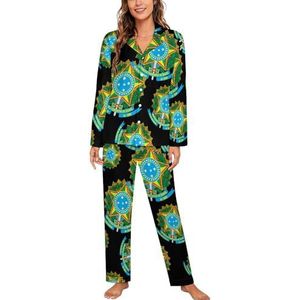 Coat Arms of Brazil, vrouwen lange mouw button down nachtkleding zachte nachtkleding lounge pyjama set 2XL