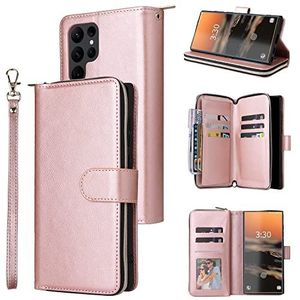 Wallet Case For Samsung Galaxy S23 Ultra,Premium Soft PU Leather Zipper Flip Folio Wallet With Wrist Strap Card Slot Kickstand Protective Case For Samsung Galaxy S23 Ultra (Color : Rose gold)