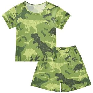 YOUJUNER Kinderpyjama-set groene camouflage-dinosaurus T-shirt met korte mouwen, zomernachtkleding, pyjama's, loungewear, nachtkleding voor jongens, meisjes, kinderen, Meerkleurig, 12 jaar