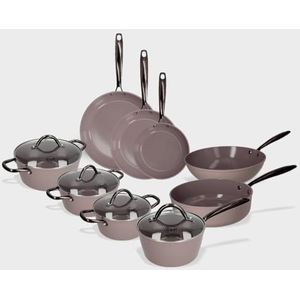 Cook & Pan - Taupe of Mind Pannenset 9-delig -Geschikt voor alle warmtebronnen, inclusief inductie – PFAS-vrij- Keramische Anti-aanbaklaag -Vaatwasserbestendig -Aluminium- Cool Touch Handvat -Taupe