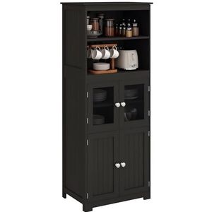HOMCOM Keukenkast keukenbuffet servieskast opbergmeubel met 2 nissen, 2 kasten met 4 deuren, waarvan 2 glazen deuren, verstelbare plank - ABM. 60I x 30T x 162H cm zwart