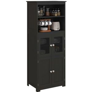 HOMCOM Keukenkast, dressoir, keuken, servies, opbergkast met 2 nissen, 2 kasten met 4 deuren, waarvan 2 glazen deuren, verstelbare plank, afmetingen: 60 x 30 x 162 cm, zwart