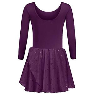 trudge Balletkleding voor kinderen, balletjurk voor meisjes, lange mouwen, katoen, balletpak, dansjurk, dansbody, met rok, tutu, donkerpaars, maat 140