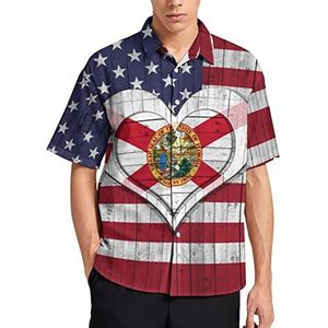 Amerika en Florida vlag met hart Hawaiiaans shirt voor mannen zomer strand casual korte mouw button down shirts met zak