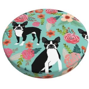 GRatka Hoes voor ronde kruk, hoes voor barstoel, antislip zitkussen voor thuisbar, 30 cm, Boston Terrier met bloemen