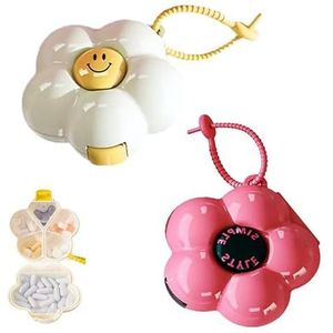 Floral Smiley Face Pillenorganizer, wekelijkse dagelijkse medicijndoos met 6 compartimenten, crèmewit reisetui, verpakking van 2 stuks