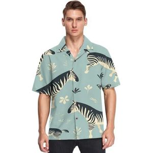KAAVIYO Blauwe Bloem Leuke Zebra Shirts voor Mannen Korte Mouw Button Down Hawaiiaanse Shirt voor Zomer Strand, Patroon, XXL