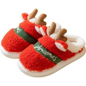 BOSREROY Pluizige elanden 3D-pantoffels - antislip cartoon winter uniseks kerstslippers, Rood, One Size