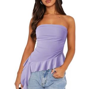 Dames Sexy Bodycon Tube-tops, Asymmetrische Ruches Zoom Strapless Tanktops Basic Tees Shirt(Color:Light purple,Size:L)