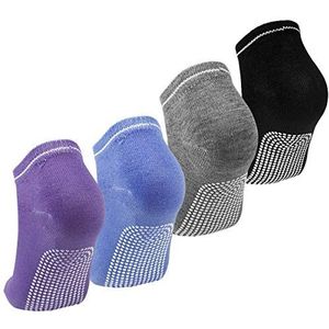 Antislip sokken voor dames, 4 paar yogasokken voor sport, yoga, pilates, dans, fitness, antislip katoenen sokken, maat 35-40, lila/blauw/grijs/zwart, XS