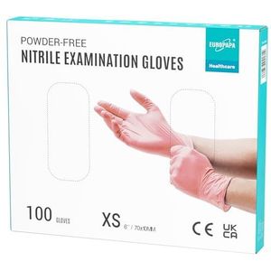EUROPAPA® 100 x nitrilhandschoenen, roze box, wegwerphandschoenen, onderzoekshandschoenen, nitril handschoenen, poedervrij, zonder latex, niet-steriel, latexvrij, wegwerphandschoenen (XS, Roze)