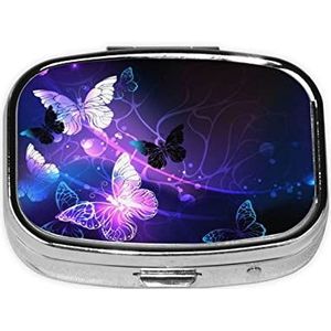 Mini vierkante pillendoos, medicijnorganizer, wit-paarse vlinders, draagbare EHBO-doos, reispillendoos met 2 vakken, kleine pillendoos voor zak of portemonnee