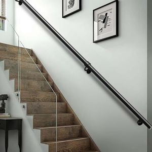 Trapleuningen voor aan de muur, 30-60 cm muurbalustrade, antislip industriële leuning van ijzeren buis, moderne trapleuning voor binnen en buiten, zwart(80cm)