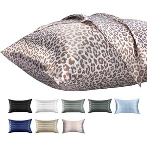 Lirex Zijdeachtige Satijnen Kussenhoes met Rits, Polyester Satijnen Kussenhoes voor Haar, Gladde Bloemenprint met Crème Luipaard (40 x 60 cm)