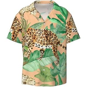 OdDdot Luipaard en Palmbladeren Print Heren Button Down Shirt Korte Mouw Casual Shirt voor Mannen Zomer Business Casual Jurk Shirt, Zwart, XXL