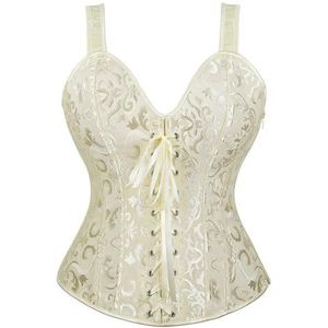 Steampunk Bandjes Overbuste Korset Met Cup Rits Sexy Jacquard Bloemen Corset Taille Cincher Bustier Lingerie Top Plus Size, 6806Beige, S