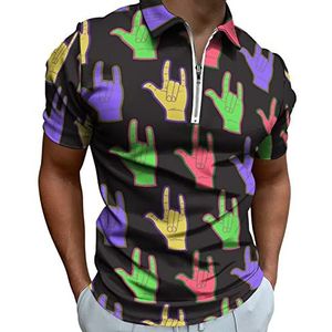 Coloful Rock Hands Poloshirt voor heren, met ritssluiting, casual korte mouwen, golftop, klassieke pasvorm, tennisshirt