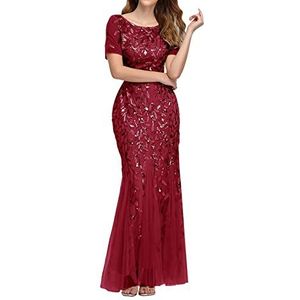 HaicoM Pailletten Jurken voor Vrouwen Effen Kleur Bodycon Vis Staart Jurk Party Maxi Jurk Cocktail Formele Werk Bruiloft Activewear Womens Dubbele V-hals Korte Mouw Jurk Avond Prom Jurk, Rood, L