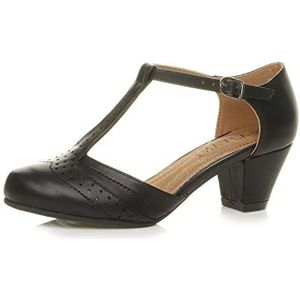 Ajvani Dames dames mid lage blok hak t-bar Brogue Comfort Rubber enige rechtbank schoenen sandalen maat, Zwart Mat, 37 EU