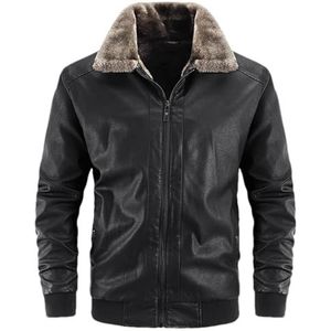 Hgvcfcv Winter Warm Fleece Mannen Lederen Jas Met Revers Bontkraag PU Jas Lederen Biker Jacket Effen Zwart, Zwart, 3XL