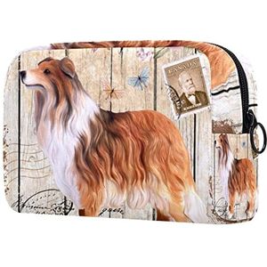 Shetland Sheepdog met bloemenprint reismake-uptas voor dames en meisjes, kleine make-uptas met ritssluiting en toilettas organizer, Meerkleurig, 18.5x7.5x13cm/7.3x3x5.1in, Modieus