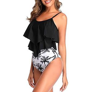 Genfien Badpak voor dames, tweedelige badpakken ruches volant top met hoge taille bikini-set, Zwart, S