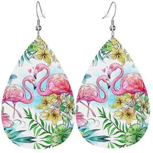 Flamingo Bloemen Drop-vormige Lederen Oorbellen, Dames Mode Accessoires,Valentijnsdag Essential, Eén maat, Leer Pu