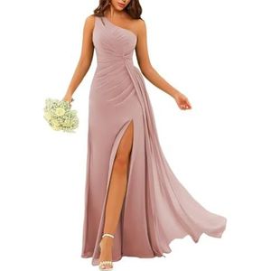 Dames chiffon bruidsmeisjes jurken met split lange galajurken ruches cocktailjurk plus size, Stoffige Roos, 32