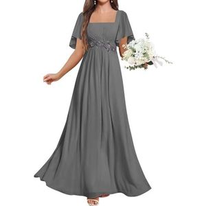KURFACE Chiffon Moeder van de Bruid Jurken met Mouwen Kant Applique Flutter Mouw Bruidsmeisje Jurk Formele Jurk, Grijs, 32