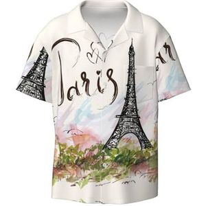 OdDdot Eiffeltorenprint herenoverhemden atletisch slim fit korte mouw casual zakelijk overhemd met knopen, Zwart, 4XL