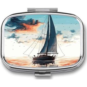 Blauwe Zeilboot Pillendoos voor Vrouwen Mannen Pocket Vierkante Pil Case Decoratieve Doos Geneeskunde Vitamine Metalen Pil Organizer Draagbare Pillenhouder voor Reizen Uniek Gift