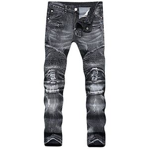 Herenbroek denim gat biker jeans skinny Cargo Straight Slim Fit gescheurd, Zwart A, 32