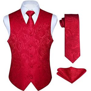 Enlision Men's Gilets Paisley Red Bruiloft Gilet Tie Pocket Square Jacquard Feest Suit Vest Set L