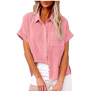 beetleNew Dames button down shirts manchetten korte mouw oversized blouses met zak effen kraag zomer tops plus size verkoop, mode dames tops UK, roze, 5XL