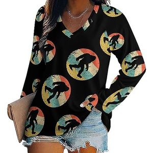 Bigfoot Retro Sasquatch dames casual T-shirts met lange mouwen V-hals bedrukte grafische blouses Tee Tops 4XL