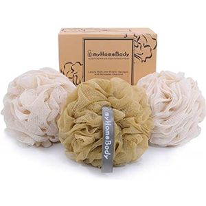 myHomeBody Luffa-spons, 70 g, lichaamsspeeling, badspons, scrubspons, douchespons met actieve kool, 2 havermout + 1 caramel, 3 stuks