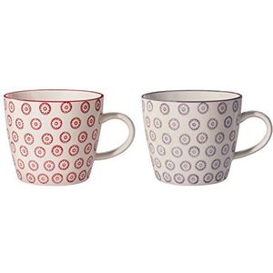 Bloomingville Mokken met handvat Isabella Retro koffiemok theekop vintage dikwandig ø 9,5 x H 8 cm, rood lavendel, keramiek, set van 2, inhoud ca. 280 ml