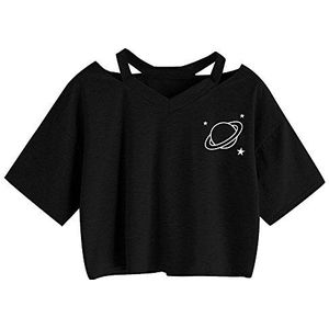 Ulanda Bovenkleding voor dames, tieners, meisjes, mode, crop top, sport, V-hals, shirt, blouse, dames, casual, roze borduurwerk, korte mouwen, t-shirts, hemd, tops, pullover, verkoop (zwart 2, S),