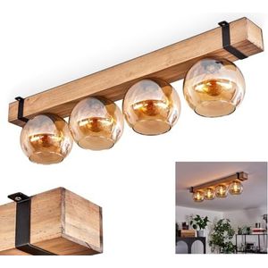 Plafondlamp Montgomery, plafondlamp van metaal/hout/glas in zwart/natuur/barnsteenkleurig, Scandinavisch design met houten balken (80 cm) en glazen ballen (Ø 15 cm), 4 x E27-fitting, zonder lamp